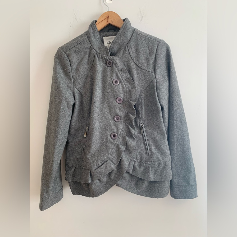 Vintage Oleg Cassini Blend Wool Coat Ruffled Front Fitted Style Grey